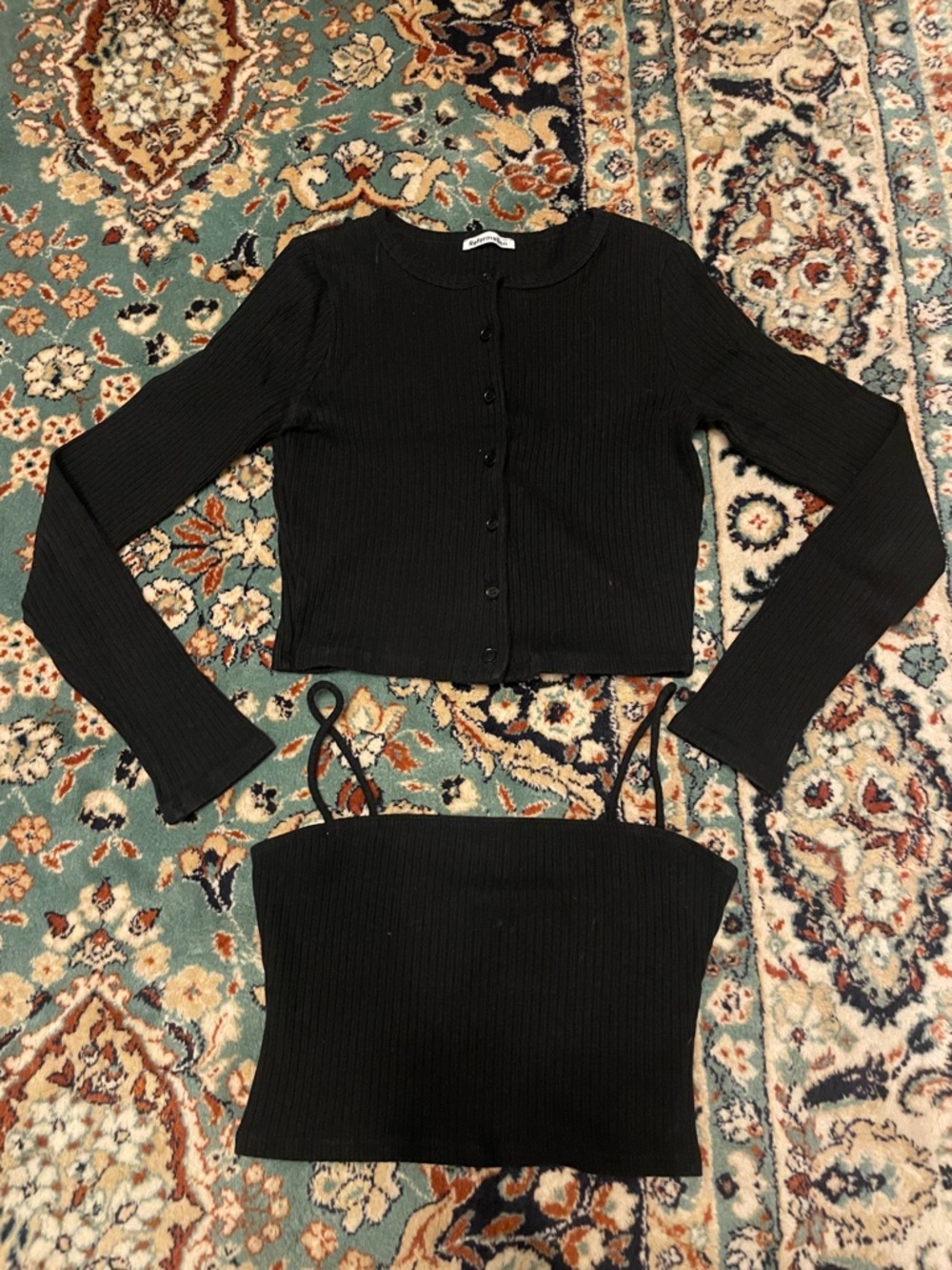 Reformation Black Ribbed Button Cardigan with Cropped Cami